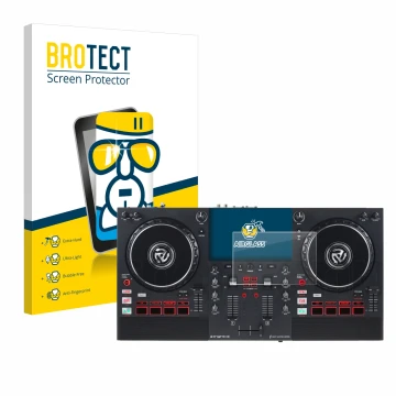 Parte frontal de un envase de producto con el logotipo de la marca BROTECT. Al lado se muestra el dispositivo Numark Mixstream