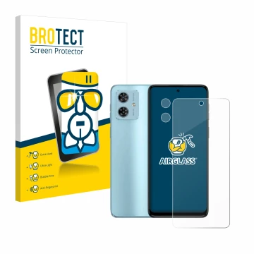 Parte frontal de un envase de producto con el logotipo de la marca BROTECT. Al lado se muestra el dispositivo Motorola Moto G5