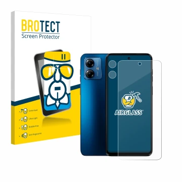 Parte frontal de un envase de producto con el logotipo de la marca BROTECT. Al lado se muestra el dispositivo Motorola Moto G1