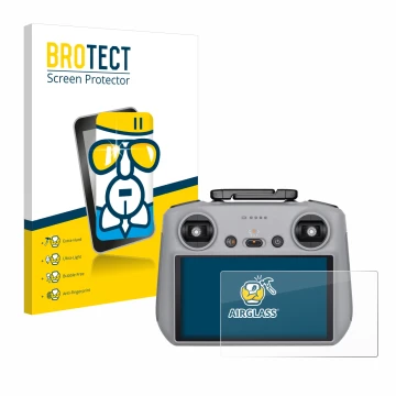 Parte frontal de un envase de producto con el logotipo de la marca BROTECT. Al lado se muestra el dispositivo DJI RC 2 con su 