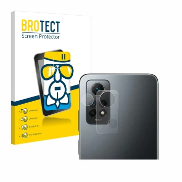 Parte frontal de un envase de producto con el logotipo de la marca BROTECT. Al lado se muestra el dispositivo Xiaomi Redmi Not