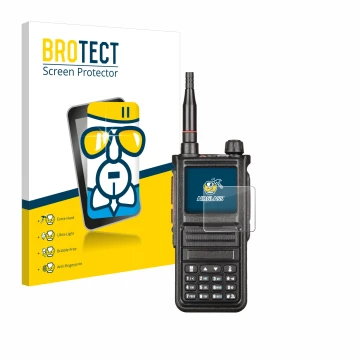Parte frontal de un envase de producto con el logotipo de la marca BROTECT. Al lado se muestra el dispositivo Radtel RT-470X c