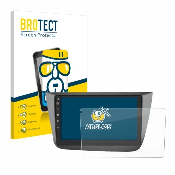 Parte frontal de un envase de producto con el logotipo de la marca BROTECT. Al lado se muestra el dispositivo Topway Android C
