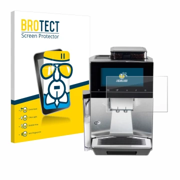 Parte frontal de un envase de producto con el logotipo de la marca BROTECT. Al lado se muestra el dispositivo Siemens EQ900 TQ
