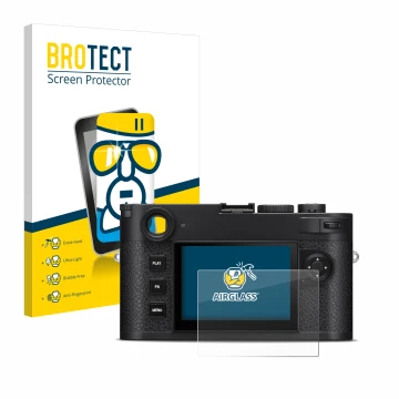 Parte frontal de un envase de producto con el logotipo de la marca BROTECT. Al lado se muestra el dispositivo Leica M11-P con 