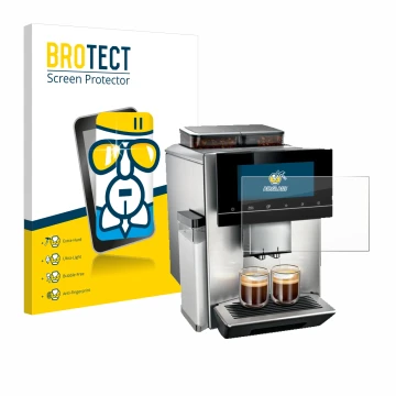 Parte frontal de un envase de producto con el logotipo de la marca BROTECT. Al lado se muestra el dispositivo Siemens EQ900 TQ