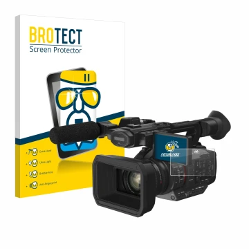 Parte frontal de un envase de producto con el logotipo de la marca BROTECT. Al lado se muestra el dispositivo Panasonic HC-X2 