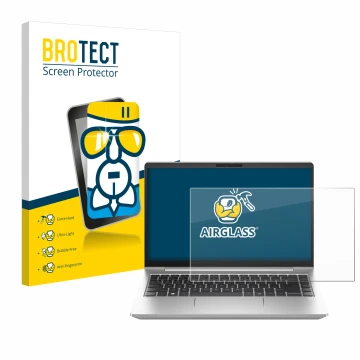 Parte frontal de un envase de producto con el logotipo de la marca BROTECT. Al lado se muestra el dispositivo HP ProBook 445 G