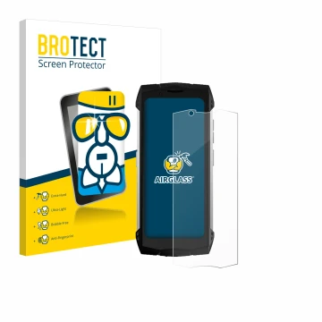 Parte frontal de un envase de producto con el logotipo de la marca BROTECT. Al lado se muestra el dispositivo Doogee S Mini co