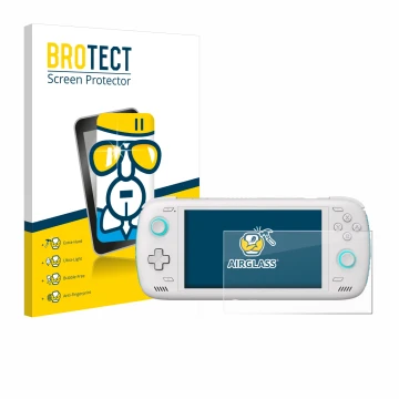 Parte frontal de un envase de producto con el logotipo de la marca BROTECT. Al lado se muestra el dispositivo AYN Odin 2 con s