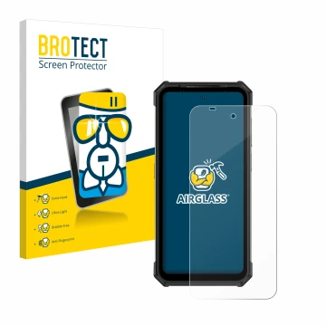 Parte frontal de un envase de producto con el logotipo de la marca BROTECT. Al lado se muestra el dispositivo Ulefone Armor 24