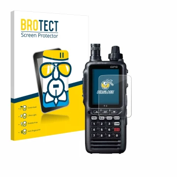 Parte frontal de un envase de producto con el logotipo de la marca BROTECT. Al lado se muestra el dispositivo Yaesu FTA-850L c