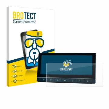 Parte frontal de un envase de producto con el logotipo de la marca BROTECT. Al lado se muestra el dispositivo MG 5 IPS-HD 10.2