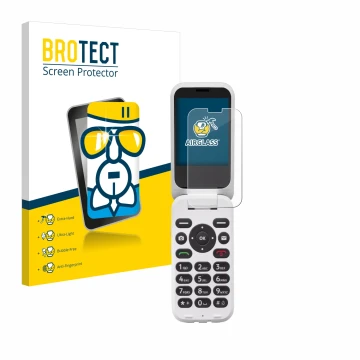 Parte frontal de un envase de producto con el logotipo de la marca BROTECT. Al lado se muestra el dispositivo Doro 6820 con su
