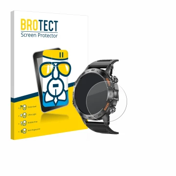Parte frontal de un envase de producto con el logotipo de la marca BROTECT. Al lado se muestra el dispositivo Lemfo Smartwatch