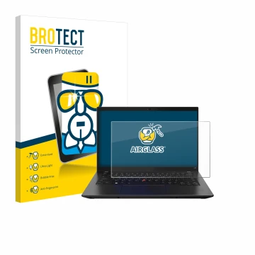 Parte frontal de un envase de producto con el logotipo de la marca BROTECT. Al lado se muestra el dispositivo Lenovo ThinkPad 