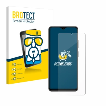 Parte frontal de un envase de producto con el logotipo de la marca BROTECT. Al lado se muestra el dispositivo ZTE Blade A73 co