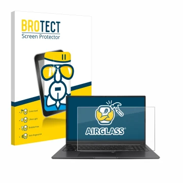 Parte frontal de un envase de producto con el logotipo de la marca BROTECT. Al lado se muestra el dispositivo ASUS Vivobook 15