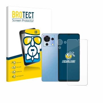 Parte frontal de un envase de producto con el logotipo de la marca BROTECT. Al lado se muestra el dispositivo ZTE Blade V50 Vi