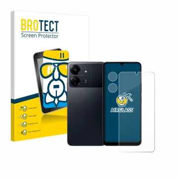 Parte frontal de un envase de producto con el logotipo de la marca BROTECT. Al lado se muestra el dispositivo Xiaomi Poco C65 