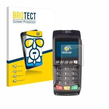 Parte frontal de un envase de producto con el logotipo de la marca BROTECT. Al lado se muestra el dispositivo ingenico Desk/35