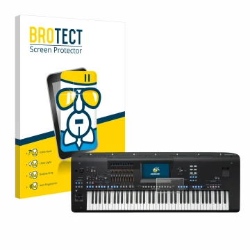 Parte frontal de un envase de producto con el logotipo de la marca BROTECT. Al lado se muestra el dispositivo Yamaha Genos2 co