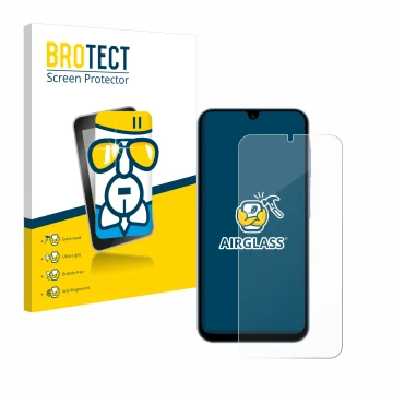 Parte frontal de un envase de producto con el logotipo de la marca BROTECT. Al lado se muestra el dispositivo Samsung Galaxy A