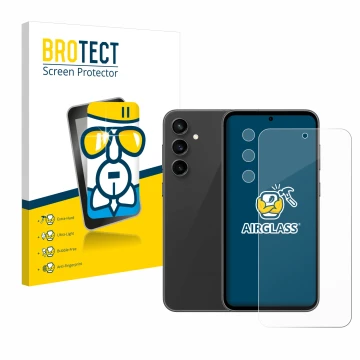 Parte frontal de un envase de producto con el logotipo de la marca BROTECT. Al lado se muestra el dispositivo Samsung Galaxy S