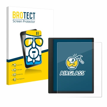 Parte frontal de un envase de producto con el logotipo de la marca BROTECT. Al lado se muestra el dispositivo Boox Tab Ultra C