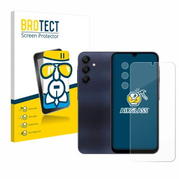Parte frontal de un envase de producto con el logotipo de la marca BROTECT. Al lado se muestra el dispositivo Samsung Galaxy A