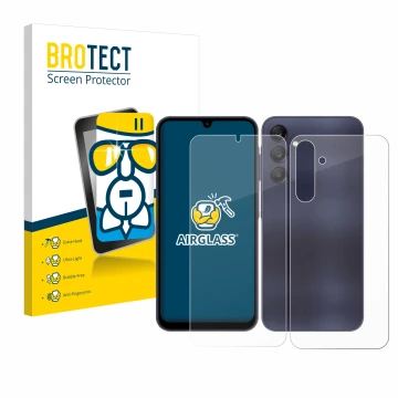 Parte frontal de un envase de producto con el logotipo de la marca BROTECT. Al lado se muestra el dispositivo Samsung Galaxy A
