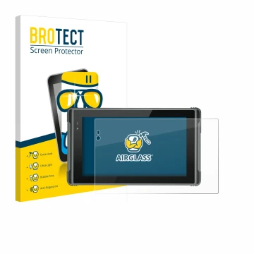 Parte frontal de un envase de producto con el logotipo de la marca BROTECT. Al lado se muestra el dispositivo Hugerock X7 con 