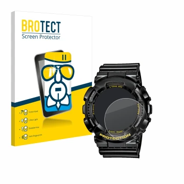 Parte frontal de un envase de producto con el logotipo de la marca BROTECT. Al lado se muestra el dispositivo Casio G-Shock GA
