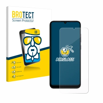 Parte frontal de un envase de producto con el logotipo de la marca BROTECT. Al lado se muestra el dispositivo Samsung Galaxy A