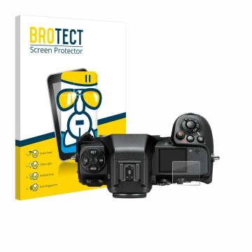 Parte frontal de un envase de producto con el logotipo de la marca BROTECT. Al lado se muestra el dispositivo Nikon Z 8 (panta