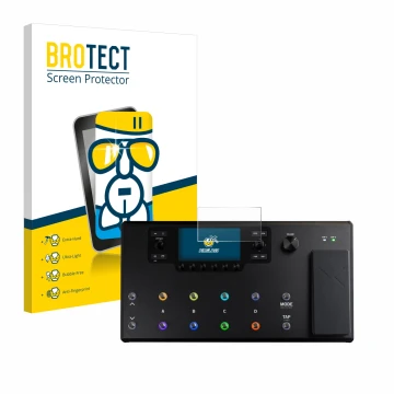 Parte frontal de un envase de producto con el logotipo de la marca BROTECT. Al lado se muestra el dispositivo Line 6 Helix LT 