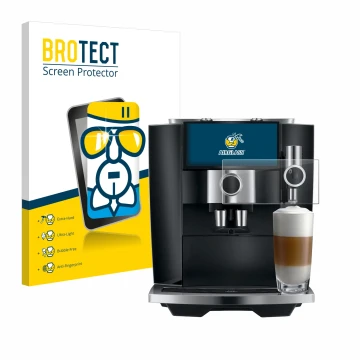 Parte frontal de un envase de producto con el logotipo de la marca BROTECT. Al lado se muestra el dispositivo Jura J8 twin con