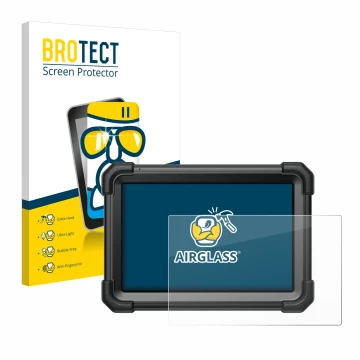 Parte frontal de un envase de producto con el logotipo de la marca BROTECT. Al lado se muestra el dispositivo Launch X-431 Pro