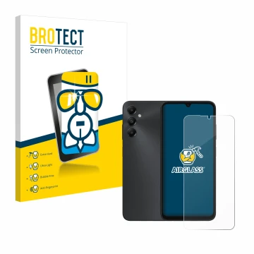 Parte frontal de un envase de producto con el logotipo de la marca BROTECT. Al lado se muestra el dispositivo Samsung Galaxy A