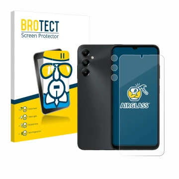 Parte frontal de un envase de producto con el logotipo de la marca BROTECT. Al lado se muestra el dispositivo Samsung Galaxy A