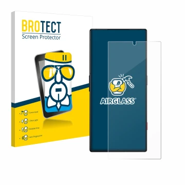 Parte frontal de un envase de producto con el logotipo de la marca BROTECT. Al lado se muestra el dispositivo ZTE Nubia Red Ma