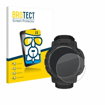 Parte frontal de un envase de producto con el logotipo de la marca BROTECT. Al lado se muestra el dispositivo Garmin Instinct 