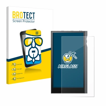 Parte frontal de un envase de producto con el logotipo de la marca BROTECT. Al lado se muestra el dispositivo Astell&Kern Kann