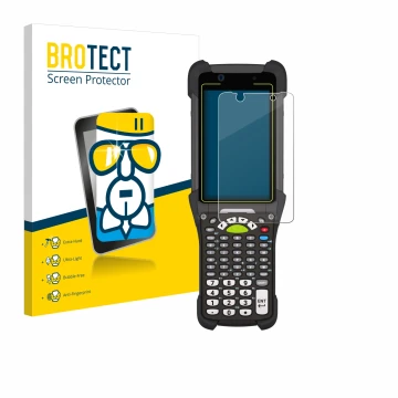 Parte frontal de un envase de producto con el logotipo de la marca BROTECT. Al lado se muestra el dispositivo Zebra MC9400 con