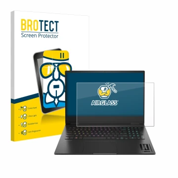 Parte frontal de un envase de producto con el logotipo de la marca BROTECT. Al lado se muestra el dispositivo HP Omen 16 2024 