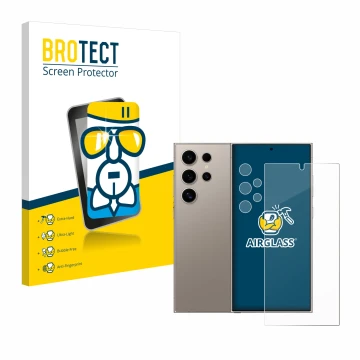 Parte frontal de un envase de producto con el logotipo de la marca BROTECT. Al lado se muestra el dispositivo Samsung Galaxy S