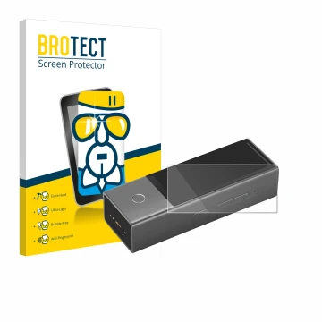 Parte frontal de un envase de producto con el logotipo de la marca BROTECT. Al lado se muestra el dispositivo Timekettle X1 co