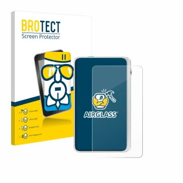 Parte frontal de un envase de producto con el logotipo de la marca BROTECT. Al lado se muestra el dispositivo Timekettle Fluen