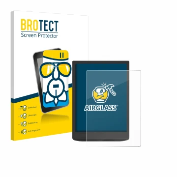 Parte frontal de un envase de producto con el logotipo de la marca BROTECT. Al lado se muestra el dispositivo Vivlio InkPad 4 