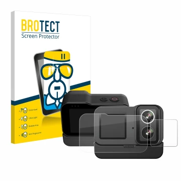 Parte frontal de un envase de producto con el logotipo de la marca BROTECT. Al lado se muestra el dispositivo SJCAM SJ20 Dual 